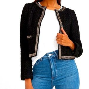 NWT Express $148 Black Gold Chain-Trimmed Boucle Tweed Blazer Jacket - Sz Large